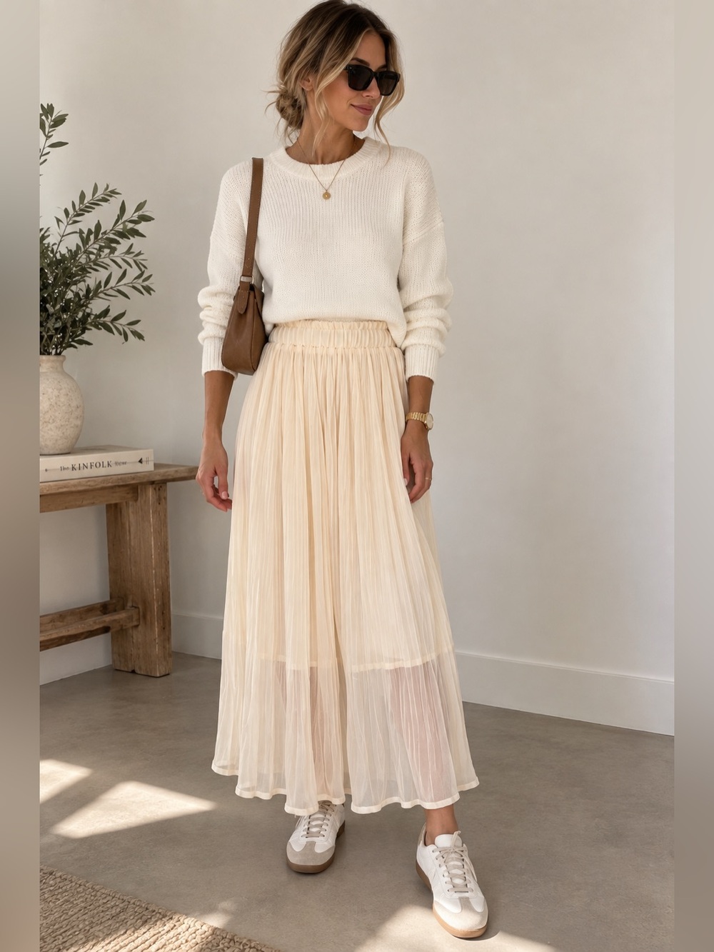 Oak + Fort Ivory Cream Pleated Sheer Midi Maxi Skirt Elastic Waist